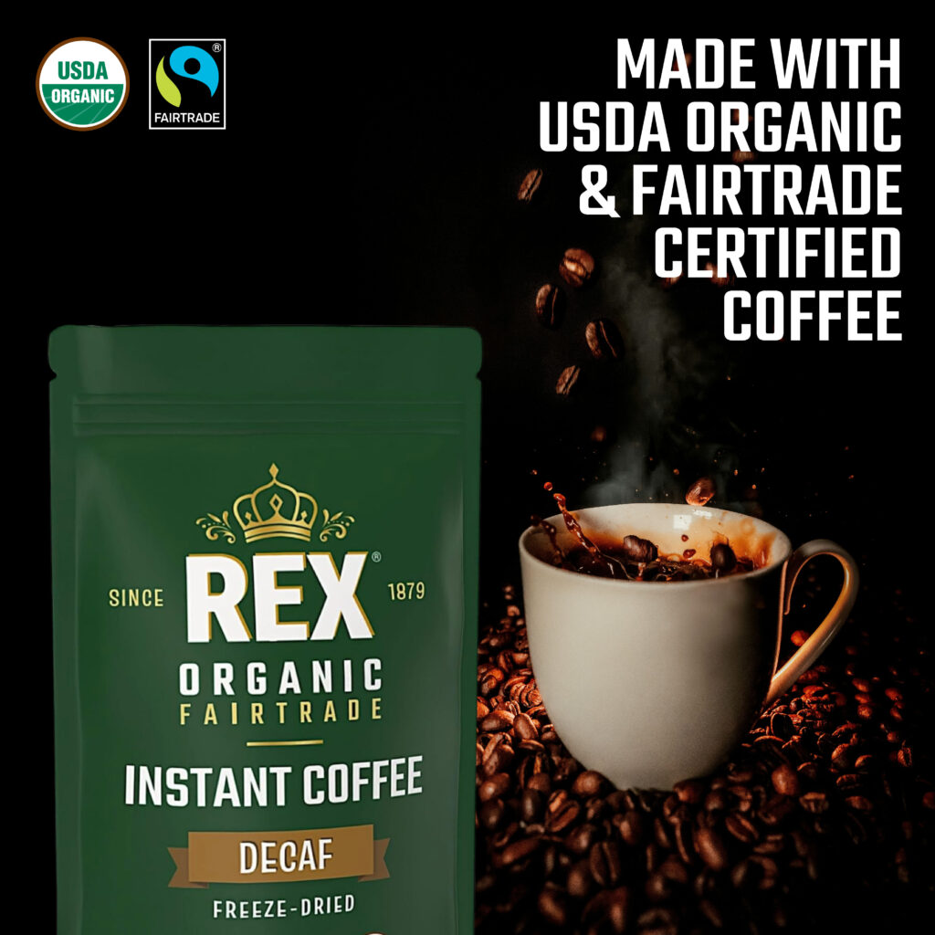 rex coffee free dried instant natural mountain water process decaf usda organic fairtrade pouch