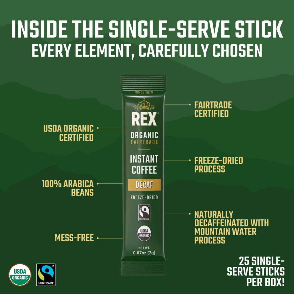 inside the rex coffee single-serve natural decaf mountain water process single-serve stick