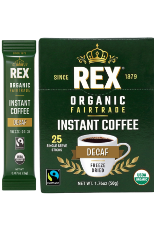Rex organic fairtrade medium roast natural decaf arabica freeze-dried instant coffee single serve sticks 25 count