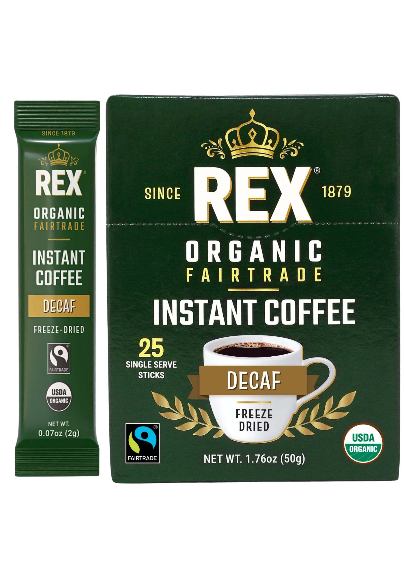 Rex organic fairtrade medium roast natural decaf arabica freeze-dried instant coffee single serve sticks 25 count
