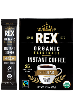 Rex organic fairtrade medium roast regular arabica freeze-dried instant coffee single serve sticks 25 count
