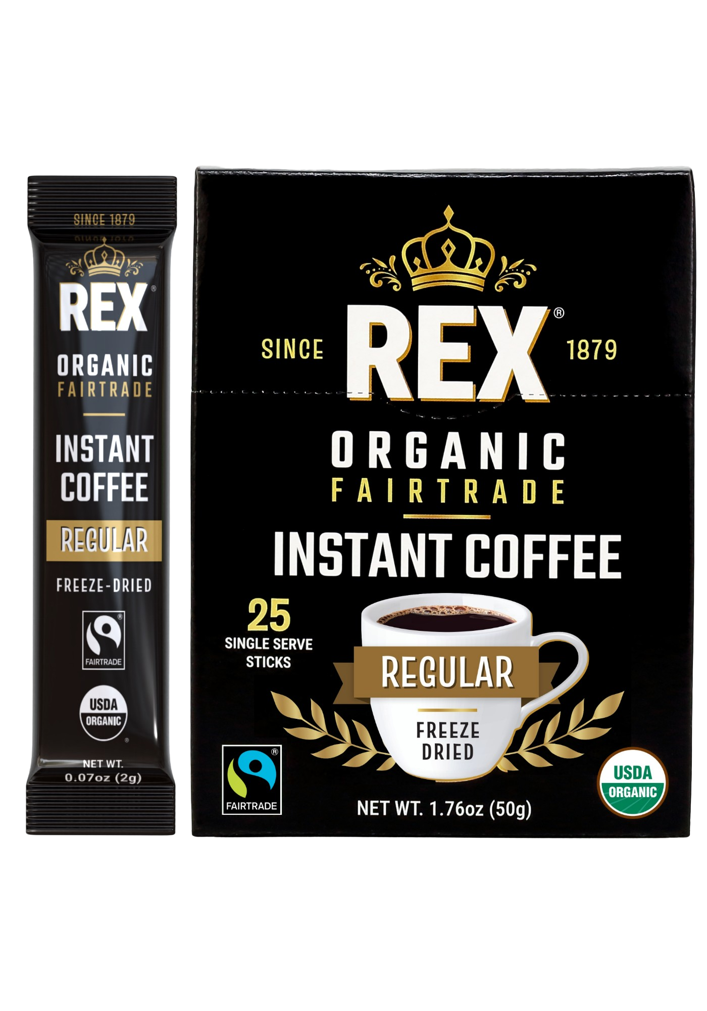 Rex organic fairtrade medium roast regular arabica freeze-dried instant coffee single serve sticks 25 count
