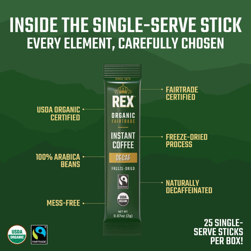 inside the rex coffee single-serve natural decaf mountain water process single-serve stick