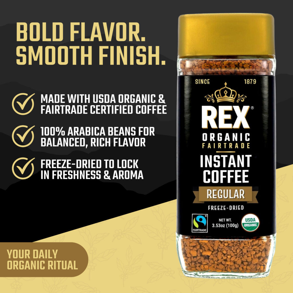 rex coffee regular instant freeze-dried fairtrade organic bold flavor smooth finish