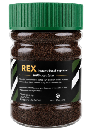Back of Rex Instant Decaf Espresso Coffee 2 oz jar showing preparation directions