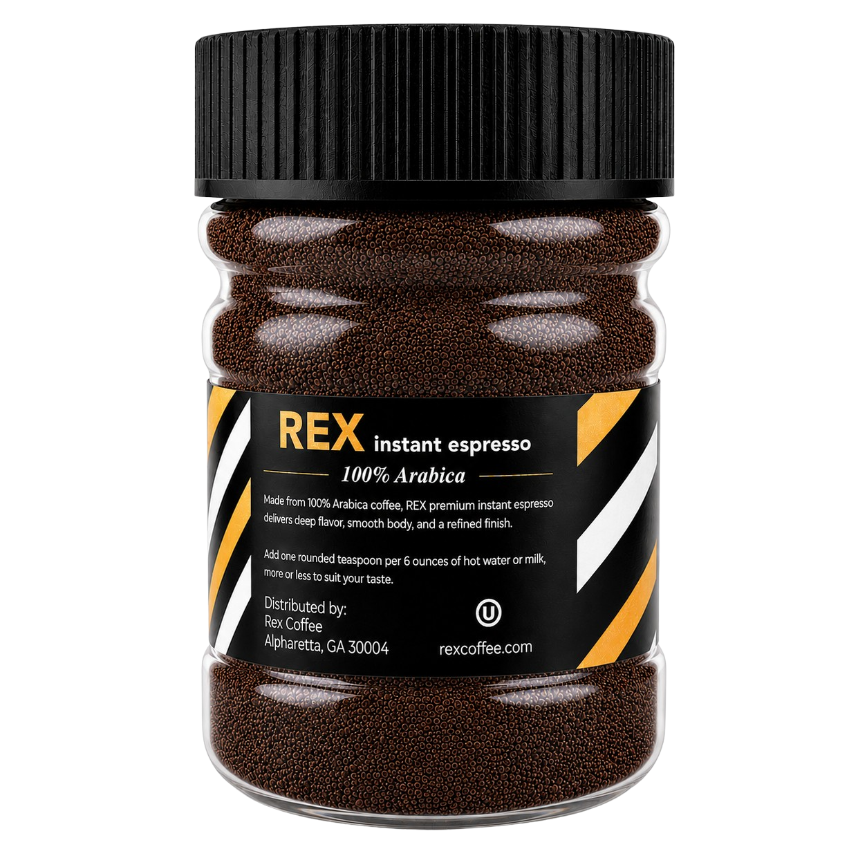 Back of Rex Instant Espresso Coffee 2 oz jar showing preparation directions